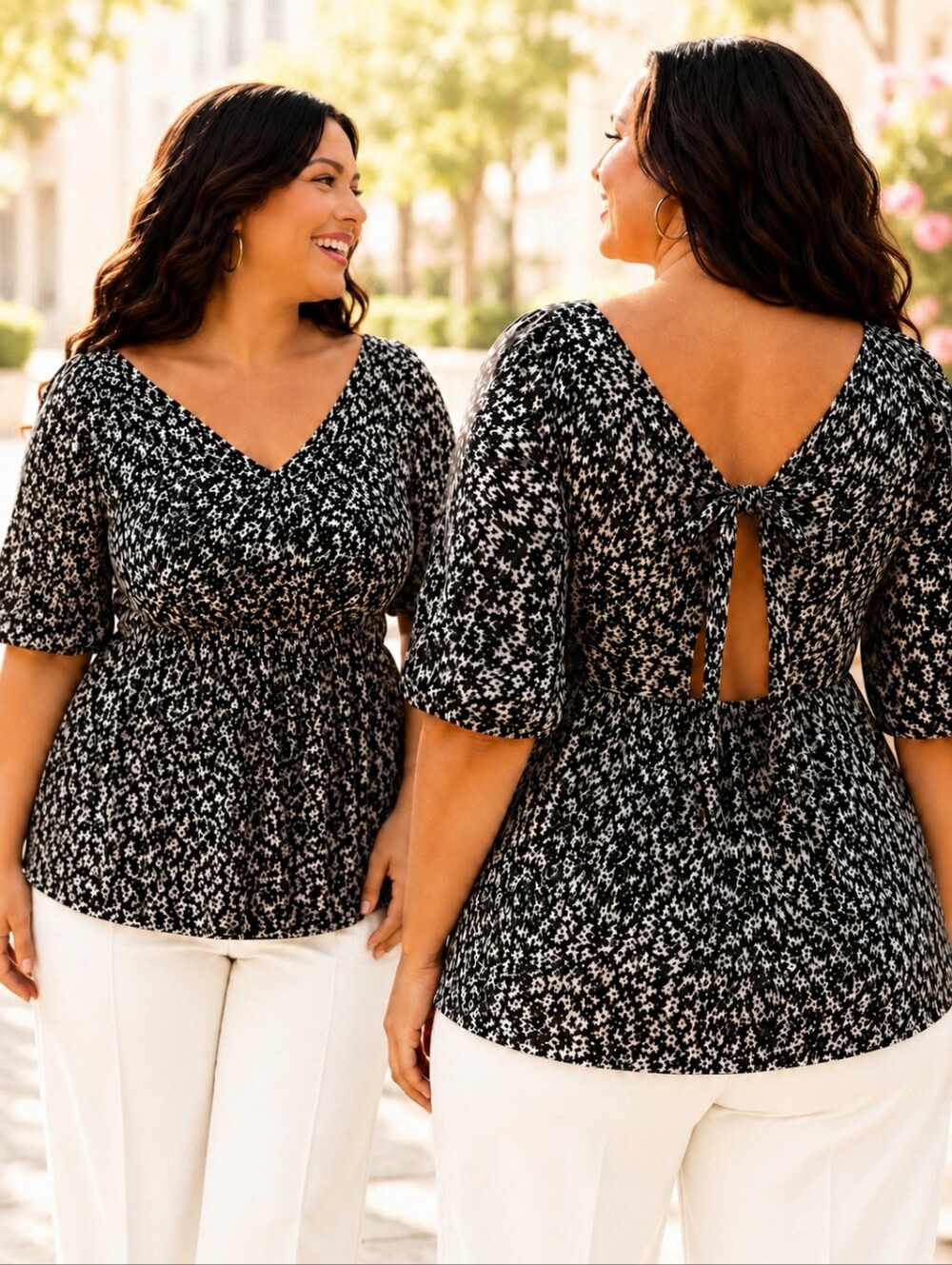 Torrid Low Back Tie Open Keyhole Back Puff Sleeve V Neck Animal Print Blouse